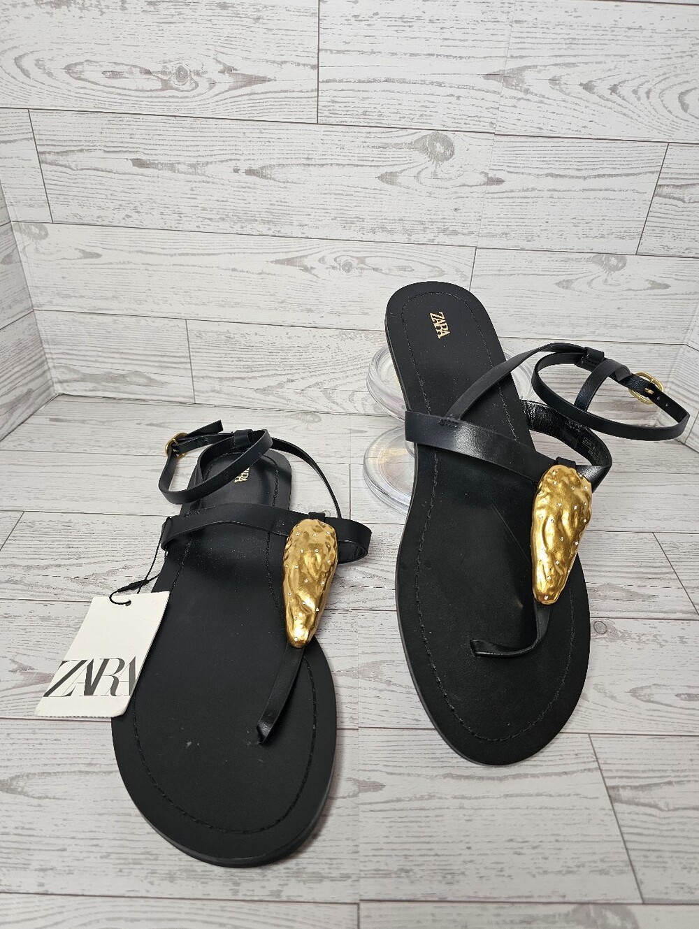 ZARA Black Flat Sandals Metallic Appliqué Gold Jewel Detail Ankle Strap - Picture 3 of 8